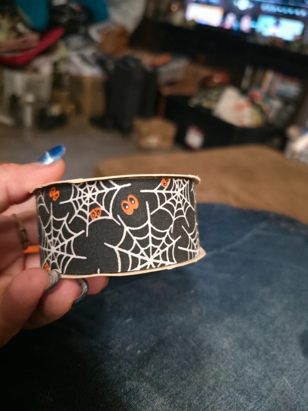 Vintage WFR Halloween Fabric Ribbon Spiderweb Pattern Crafting Destash
